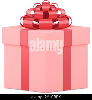 Rosafarbene Geschenkbox mit rotem Schleifenband realistische Vektorillustration. Festliche mädchenhafte romantische Geschenkbox Glückwunsch zu Neujahr, Geburtstag, Weihnachten, A Stock Vektor