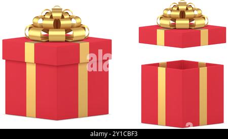 Schöne dreidimensionale offene und geschlossene festliche Geschenkbox verpackt durch goldene Schleife realistische Vektorillustration. Traditionelle Präsenzüberraschung Stock Vektor