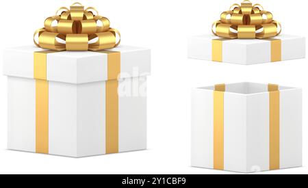 Quadratische 3d gewickelte weiße Geschenkbox mit goldenem metallischem Luxusschleifenband Set realistische Vektor-Illustration. Cube Überraschung Geschenk elegantes Paket für Stock Vektor