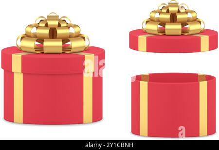 Luxuriöse Gruß rote Geschenkboxen mit offener und geschlossener Kappe Set 3D Design realistische Vektorillustration. Schönes elegantes Geschenkpaket, dekoriert von GO Stock Vektor