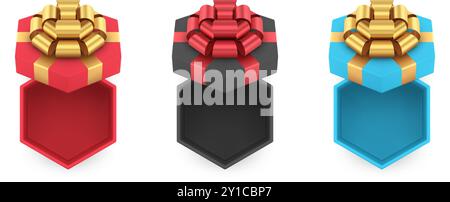 Draufsicht Auspacken luxuriöses sechseckiges Kartonpaket mit glänzender Schleife für gegenwärtige Lagerung realistische 3D-Vektor-Illustration. Schöne polygonale Leere Stock Vektor