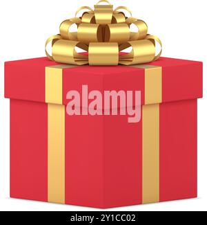 Realistische rote Geschenkbox mit metallischer goldener Schleife 3D Vektor Illustration. Traditionelle Überraschung festliche Pappe mit entschiedenem Geschenk im Inneren Isolate Stock Vektor