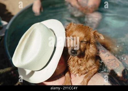 Mann mit Cowboyhut, der einen kleinen nassen Hund in einer Wasserwanne hält Stockfoto