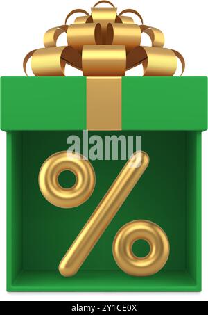Weihnachtsverkauf Premium grün offene Geschenkbox mit prozentualem Rabatt Top View realistische 3D Icon Vektor Illustration. Weihnachten saisonaler Einzelhandelspreis auf spe Stock Vektor