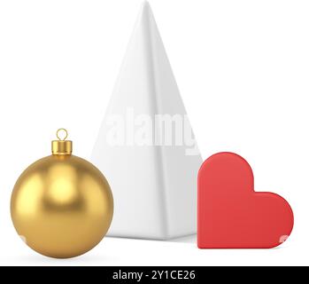 Geometrische weiße Dreieck Pyramide Weihnachtsbaum mit Hangball Spielzeug Herz realistische 3D Icon Vektor Illustration. Weihnachtsfeier mit traditionellen Elementen Stock Vektor