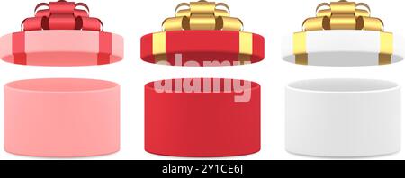 Mehrfarbige Geschenkboxen mit offener Kappe Auspacken Set realistische Vektor-Illustration. Klassisches, eingekreistes Kartonpaket mit metallischem Schleifenband für Feiertage c Stock Vektor