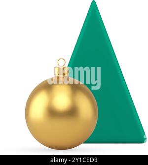 Grüner minimalistischer Weihnachtsbaum dreieckige geometrische Pyramide mit goldenem Premium Ball Spielzeug hängen realistische 3D Icon Vektor Illustration. Weihnachtskomposition Stock Vektor