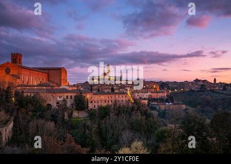 Blick auf Siena mit historischer Basilika und Kathedrale bei Sonnenuntergang Stockfoto