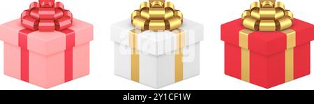 Realistische Würfel festliche Geschenkboxen mit metallischen detaillierten Schleifenband für Feiertagsparty Gratulation Set Vektor-Illustration gewickelt. 3D-Dekorationsdesign Stock Vektor