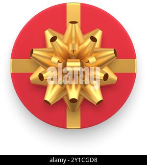 Abgerundete Geschenkbox Paket rote Verpackung mit glänzend gebundenem goldenen Schleifenband romantische Überraschung von oben Ansicht 3D Vektor Illustration. Teure Geschenkbox für Feiertage Stock Vektor