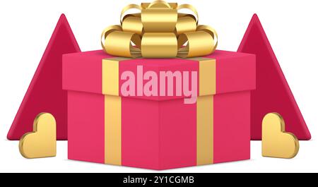 Entzückende rosa festliche Geschenkbox mit goldenen Herzen und geometrischer Dreieckspyramide realistische 3D Icon Vektor Illustration. Romantische Mode-Feiertage Stock Vektor