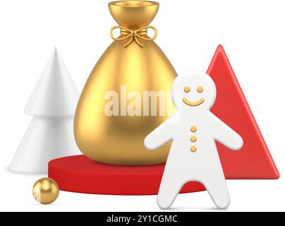 Weihnachten traditionelle festliche Komposition Lebkuchen Mann Santa Claus Sack auf Podium realistische 3D Icon Vektor Illustration. Weihnachtsdekorationselemente Stock Vektor