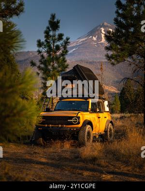 Gelber Überlandwagen, der in der Nähe des Mt. Shasta, Kalifornien Stockfoto