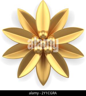 Realistische goldene Blume mit Blütenblättern und Kugel Mitte dekorative 3D Vorlage von oben Ansicht Vektor Illustration. Teures luxuriöses festliches Dekor mit botanischem Flor Stock Vektor