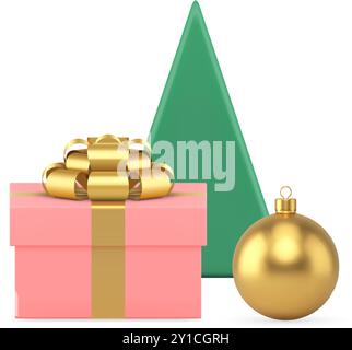 Weihnachten Winterfeiertage Feier Komposition festliche Geschenkbox minimalistische Fichte und goldene Kugel Spielzeug realistische 3D Icon Vektor Illustration. Weihnachten tr Stock Vektor