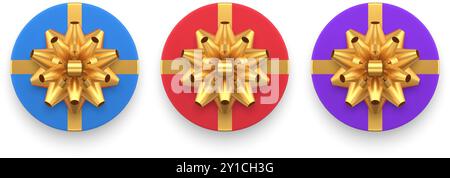 Sammlung realistisch eingekreist geschlossene festliche Karton Geschenkboxen verziert goldene gebundene Schleife Band von oben Ansicht 3D Vektor Illustration. Isometrische Präse festlegen Stock Vektor