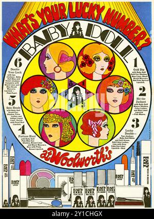 Woolworths eigenes Make-up-Sortiment, Baby Doll. Klassisches psychedelisches Pop-Art-Design, ganzseitige Werbung mit leuchtenden Farben und Grafiken. Mitte der 1960er Jahre Dolly Birds. Logo im Sub-Biba-Stil. Stockfoto