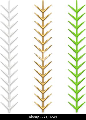Sammlung realistische glänzende vertikale künstliche Kiefernzweige mit scharfen Nadeln Weihnachtsspielzeug-Vektor-Illustration. Set minimalistisches Nadelholz sti Stock Vektor