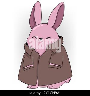 Ein bezaubernder rosa Häschen lächelt zufrieden, während er eine übergroße braune Jacke trägt. Stock Vektor