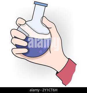 Eine Hand hält einen Kolben mit einer blauen chemischen Mischung, die Gesundheitsforschung und pharmazeutische Entwicklung repräsentiert. Stock Vektor