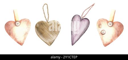 Herzen am Seil, Strings mit Knopf Wasserfarben Set aus Flieder, beigefarbenem Schlüsselanhänger oder für Valentinstag Geschenke. Vintage Zeichen der Liebe handgezeichnete Illustration Stockfoto