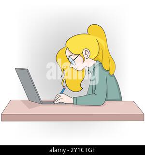 Eine Illustration einer blonden Frau, die eine Brille trägt, an einem Schreibtisch sitzt und an einem Laptop arbeitet, während sie Notizen mit einem Bleistift macht. Stock Vektor