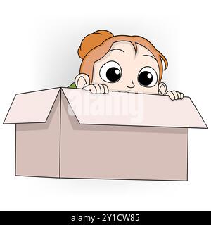 Dieses Bild zeigt ein Zeichentrickkind mit braunen Haaren, die aus einem Karton herausragen, was auf ein Versteckspiel hindeutet Stock Vektor