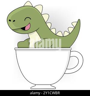 Diese verspielte Illustration zeigt einen fröhlichen grünen Dinosaurier, der fröhlich in einer großen Kaffeetasse sitzt und vor Freude lächelt. Stock Vektor