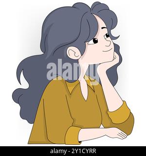 Eine Illustration einer Frau mit langen dunklen Haaren, die eine gelbe Bluse trägt, während sie an ihrem Schreibtisch sitzt und tagträumt Stock Vektor