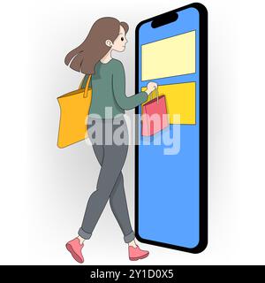 Eine Frau läuft mit einer Einkaufstasche und schaut sich einen Telefonbildschirm an, eine digitale Einkaufs-Illustration Stock Vektor
