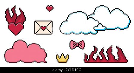 Satz von Pixelbild-Dialogfeldern, Herz, Stern, Wolke. Sprachblasen in der Stimmung der Ästhetik der 90er Jahre. Vektor-8-Bit-Illustration im Retro-Stil. Stock Vektor