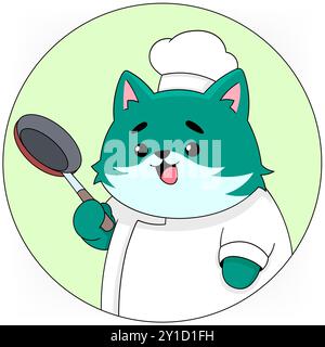 Cartoon-Illustration von niedlichen Tieraktivitäten, Kochkatze trägt Hut mit Pfanne Stock Vektor
