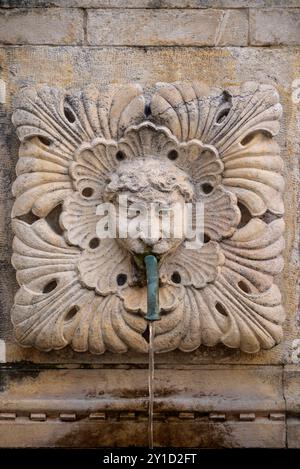 Kunstvolle Maskendekorationen aus Stein auf dem großen Onofrio-Brunnen, kreisförmiger Springbrunnen, der 1438 in der Altstadt von Dubrovnik, Kroatien, erbaut wurde Stockfoto