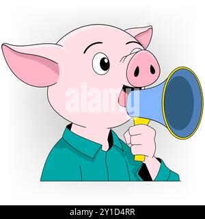 Illustrationsbild der Social-Media-Benachrichtigung Doodle, Pig spricht mit Megaphon, um Nachrichten zu berichten Stock Vektor