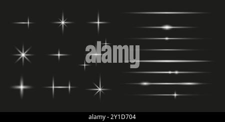 Helles Starburst-Set. Lichteffekte. Leuchtende Strahlen funkeln. Vektordesign. Stock Vektor