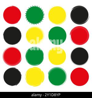 Bunte Kreissymbole. Abstrakte Pinselstrichformen. Rote, grüne, gelbe, schwarze Elemente. Geometrisches Vektorset. Stock Vektor
