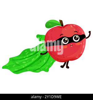 Cartoon Charakter Superheld roter Apfel in cape fliegende und winkende Hand, aufgeregt lächelnder Ausdruck, flache Vektor-Illustration isoliert auf weißem Hintergrund Stock Vektor