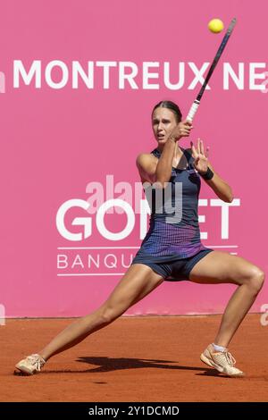 Montreux Schweiz, 09 06 2024: ANCA Todoni (ROM) gegen Victoria Jimenez Kasintseva (AND) während der WTA 125 Montreux Nestle Open 2024 Achtelfinale am fünften Tag im Montreux Tennis Club. Während der WTA 125 Montreux Nestle Open, internationales Tennisspiel in Montreux, Schweiz, 06. September 2024 Stockfoto