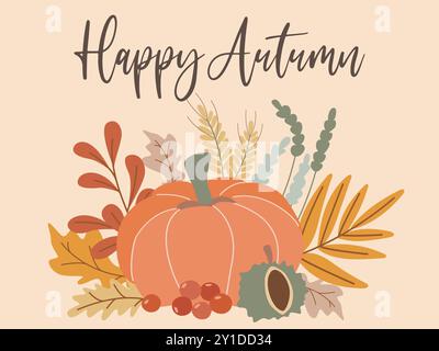 Gemütliche Postkarte mit den Worten Happy Herbstfrohes. Niedliches saisonales Herbstdesign für Banner, Postkarte, Gruß, Flyer, Verkauf. Horizontale Schablone mit Kürbis Stock Vektor