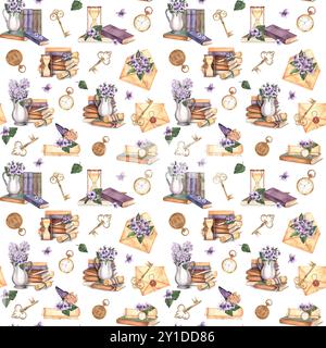 Nahtloses Vintage-Muster mit Büchern, Schlüsseln, Taschenuhr, violetten Blumen, Umschlägen. Handgezeichnete Aquarellillustration. Stockfoto