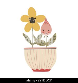 Niedliche Babyblume im Pflanztopf im Kawaii-Cartoon-Stil. Hand gezeichnete Vektor-Kritzelei kindliche Illustration. Isoliertes einfaches Zeichnen für kinderfreundliches Arbeiten Stock Vektor