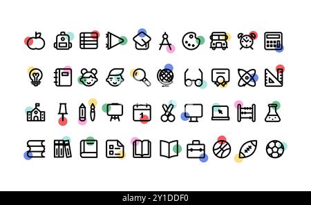 Zurück zur Schule. 40 Symbolset mit mehrfarbigen Kreisen. Das Konzept von Bildung, Schule, Lernen, Fächern. Modellstruktur. Vektorabbildung, flach Stock Vektor