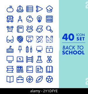 Zurück zur Schule. 40 Symbolgruppe. Das Konzept von Bildung, Schule, Lernen, Fächern. Modellstruktur. Vektorillustration, flache Ausführung Stock Vektor