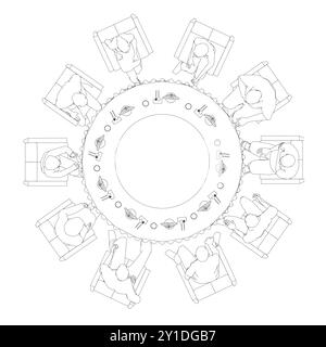 Umrisse von Personen, die im Restaurant auf Stühlen am runden Tisch sitzen, von schwarzen Linien isoliert auf weißem Hintergrund. Inneneinrichtung des Restaurants. Draufsicht. Vec Stock Vektor