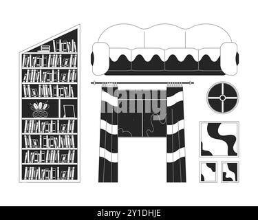 House lofi Innendesign Schwarz-weiß 2D-Linien-Zeichentrickobjekte Set Stock Vektor