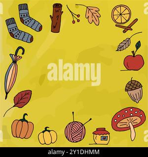 Handgezeichnetes Doodle Herbstillustrationsset. Symbol „Herbststimmung“. Käsekuchen Kürbis Socken Regenschirm Aufkleber Clip Art Sammlung auf Creme Hintergrund Vektor EP Stock Vektor