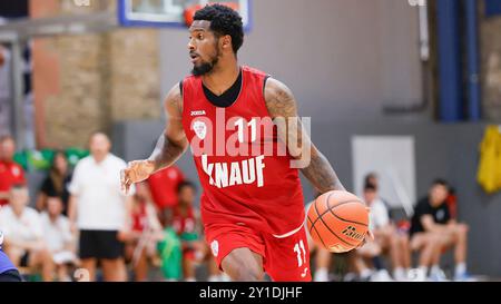 Würzburg, Deutschland. September 2024. Im Bild: Nelson Phillips (Würzburg Baskets, 11) 05.09.2024, FIT/One Würzburg Baskets vs. PS Karlsruhe LIONS, Vorbereitungsspiel, Deutschland, Würzburg, Trainingszentrum, Quelle: dpa/Alamy Live News Stockfoto