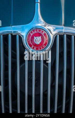 Lissabon, Portugal – 20. Januar 2024: Detailansicht des Jaguar Logos oder Markennamens und des verchromten Kühlergrills Stockfoto