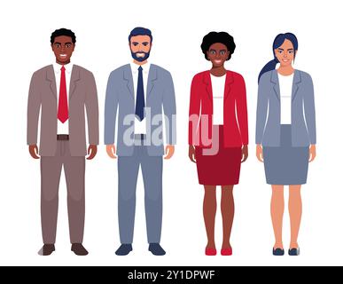 Elegante junge schwarze Männer und Frauen in Businessanzügen. Flache Illustration eines gutaussehenden erfolgreichen Geschäftsmannes Stock Vektor