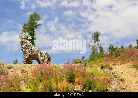 Blick auf die Holzskulptur „Lupa del Lagorai“ des Künstlers Marco Martalar in Monte Vetriolo. August 2024, Monte Vetriolo, Levico Terme, Stockfoto